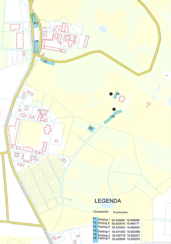 Mapa przedstawiająca miejsca parkingowe w&nbsp;Parku w&nbsp;Świerklańcu i&nbsp;jego najbliższej okolicy.
