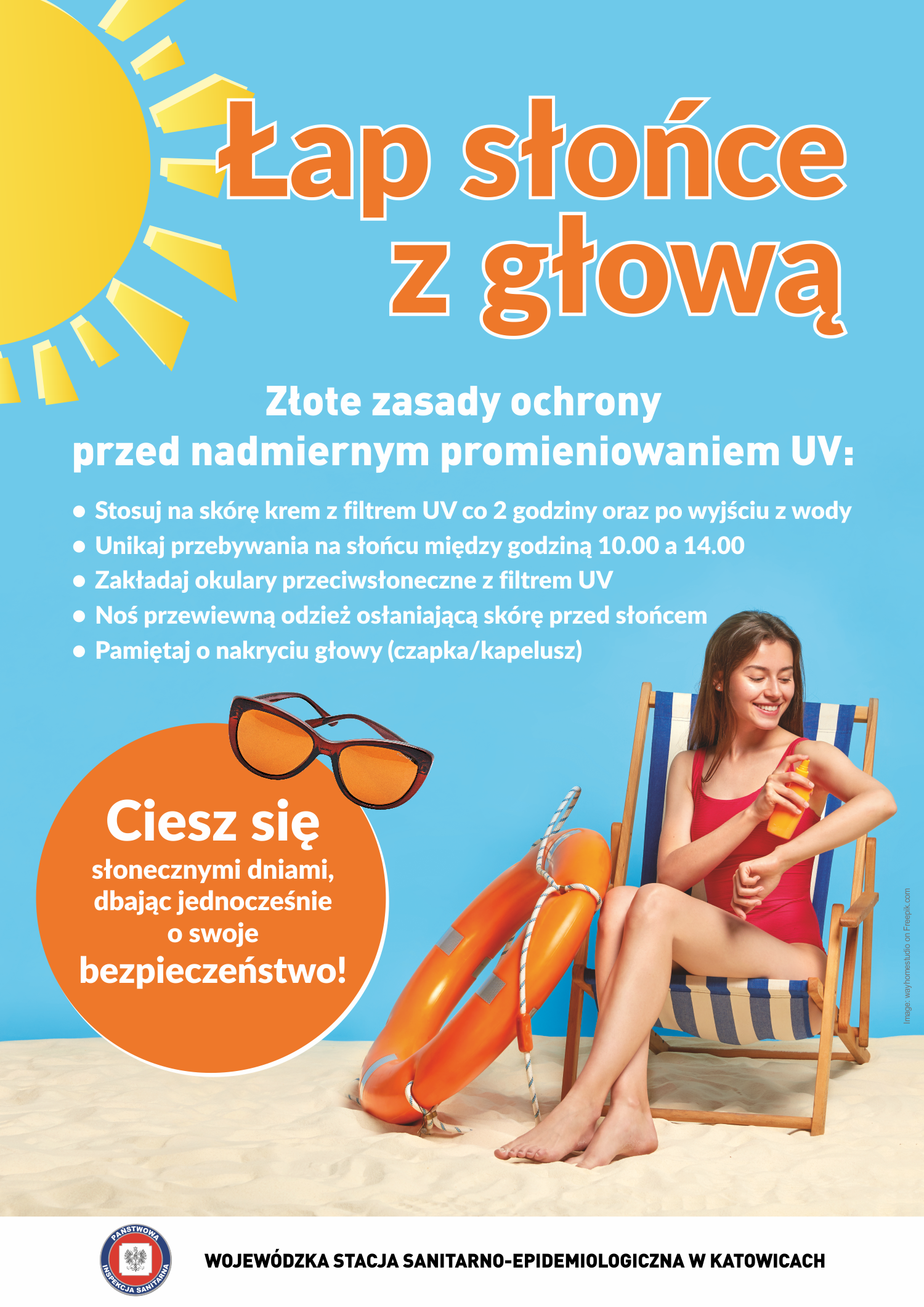 Plakat promujący zasady ochrony przed nadmiernym promieniowaniem UV.