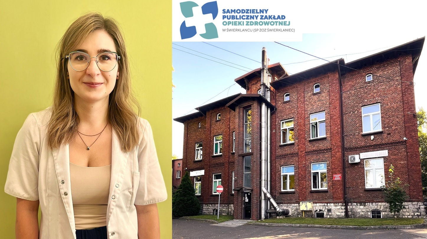 Kolaż zdjęć: Zdjęcie nowej pani doktor, logo SP ZOZ i&nbsp;zdjęcie budynku przychodni w&nbsp;Świerklańcu