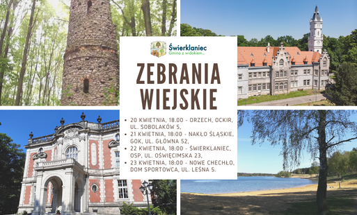 Kolaż zdjęć i napis Zebranie Wiejskie z terminami