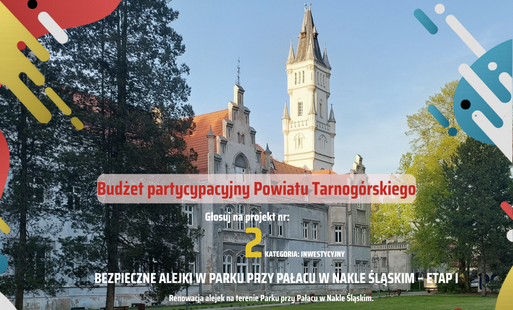 Grafika promująca głosowanie na projekt - w tle wieża pałacu w Nakle