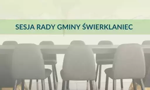 Sesja Rady Gminy Świerklaniec - napis i w tle puste krzesła przy stole