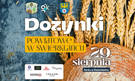Dożybki powiatowe - kłosy i bochen chleba na niebieskim tle. Logotypy sponsorów, herb gminy i powiatu, logo GOK