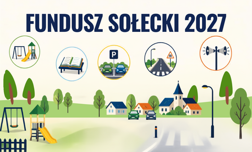 Fundusz sołecki - grafika symbolizująca inwestycje: plac zabaw, drogę, parking. Nad grafika napis Fundusz Sołecki 2027