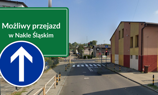 Możliwy przejazd - zdjęcie skrzyżowania w Nakle Śląskim i grafika znaku drogowego