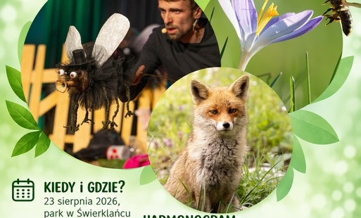Plakat - ekopiknik ze zdjęciami zwierząt, kwiatów i spektaklu o owadach